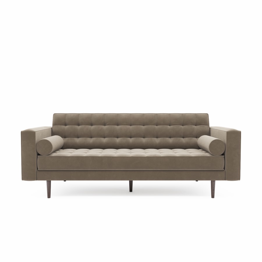 Beige Velvet Mid Century Sofa - Seats 3 - Zane