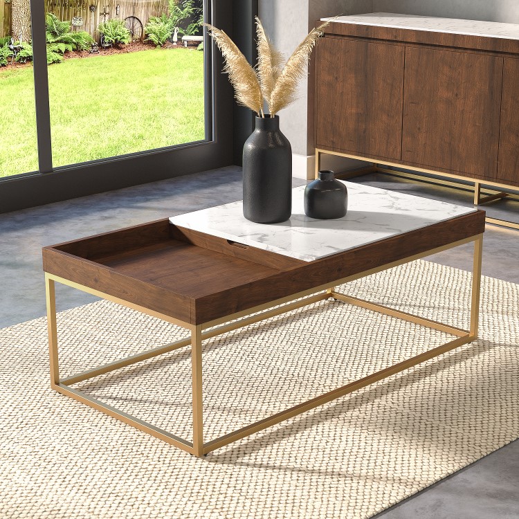 Large Rectangle Solid Wood Coffee Table with Marble Top - Zola