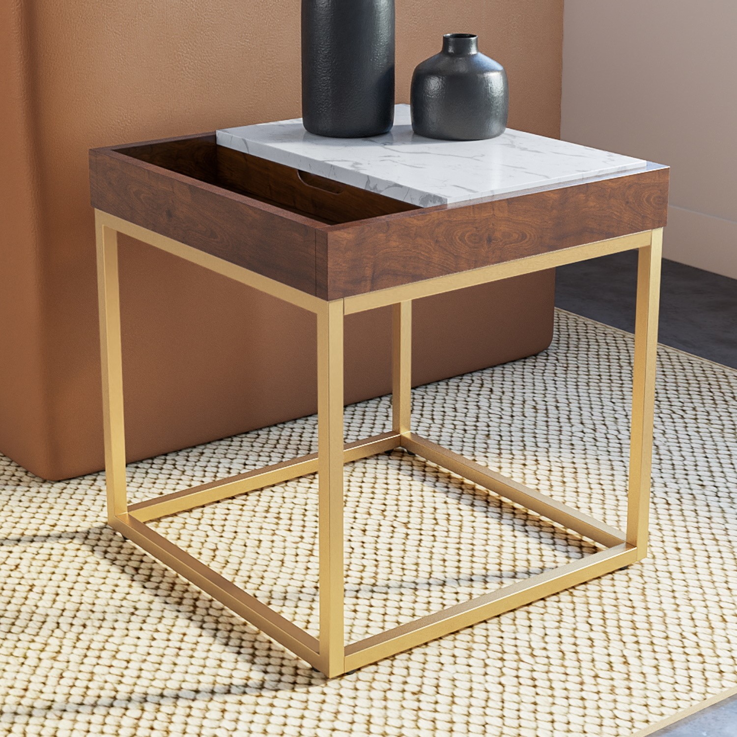 Photo of Square solid wood and marble side table with tray - zola