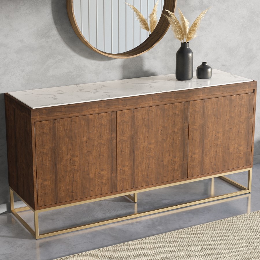 GRADE A1 - Solid Wood 3 Door Sideboard with Marble Top - Zola