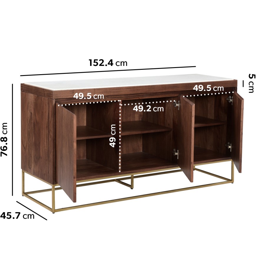 GRADE A1 - Solid Wood 3 Door Sideboard with Marble Top - Zola