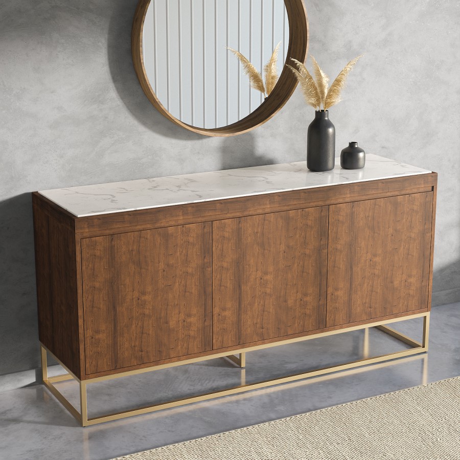 GRADE A1 - Solid Wood 3 Door Sideboard with Marble Top - Zola