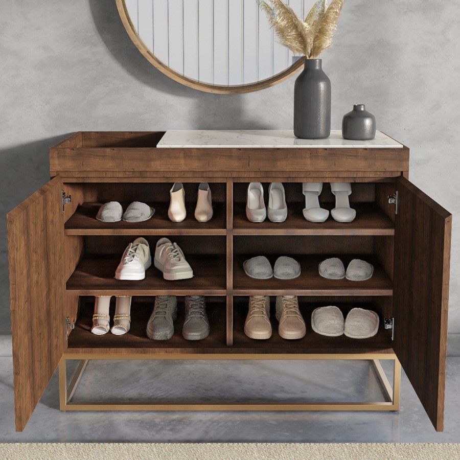 Slim Solid Wood Shoe Cabinet with Marble Top - 18 Pairs - Zola