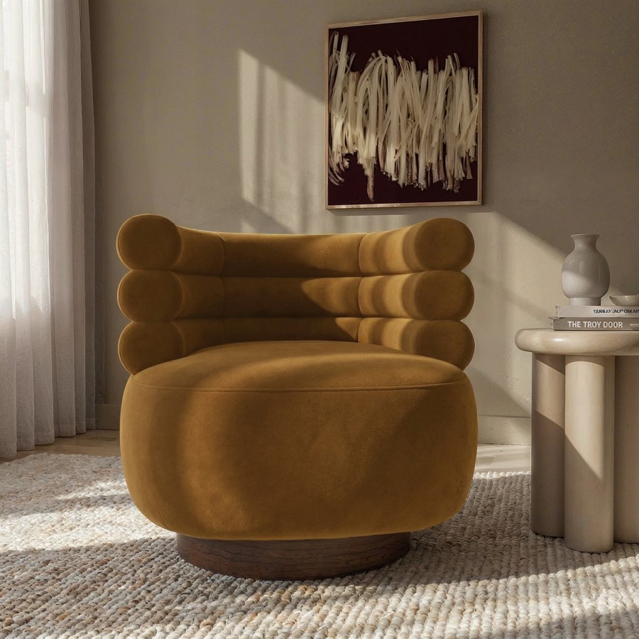 Caramel Brown Velvet Modern Swivel Armchair - Zora