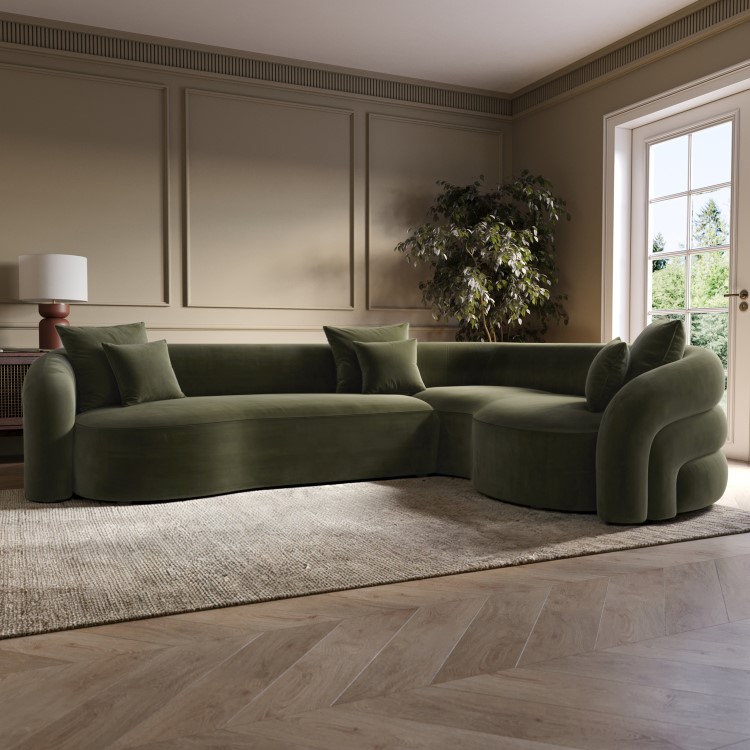 Green Velvet Right Hand Facing 4 Seater Curved Corner Sofa - Zuri