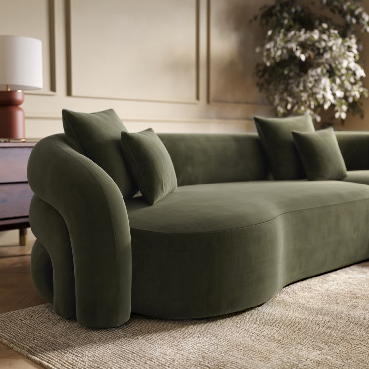 Green Velvet Right Hand Facing 4 Seater Curved Corner Sofa - Zuri