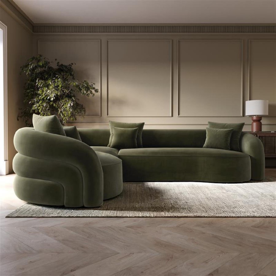 Green Velvet Left Hand Facing 4 Seater Curved Corner Sofa - Zuri