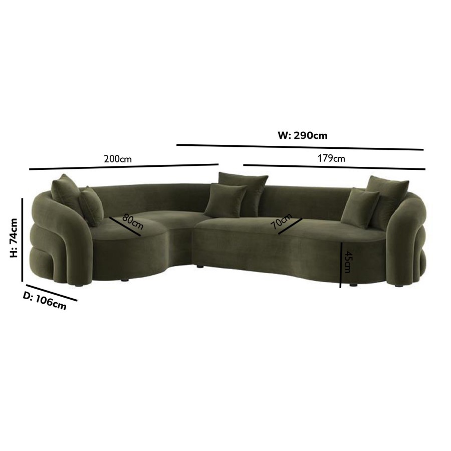 Green Velvet Left Hand Facing 4 Seater Curved Corner Sofa - Zuri