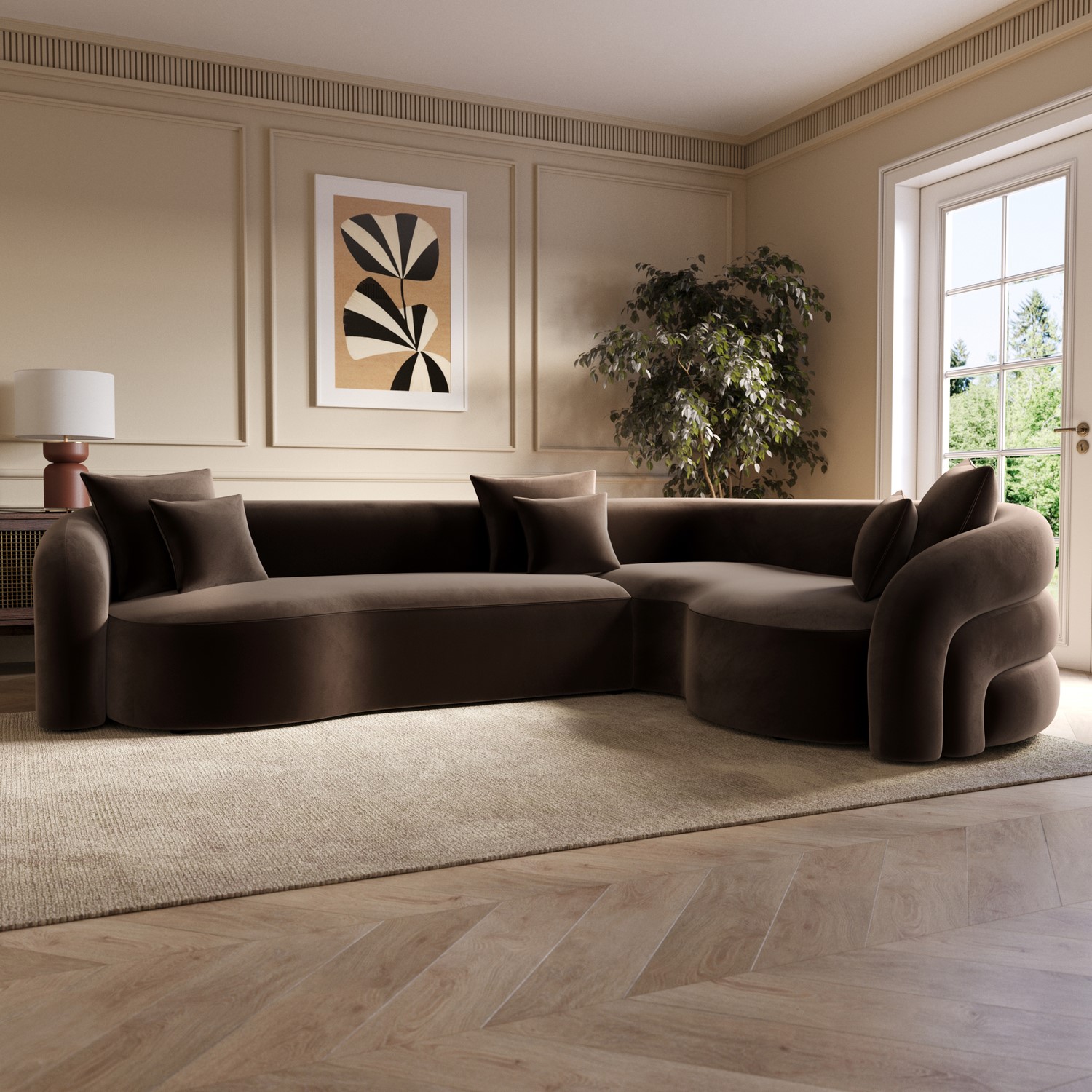 Velvet Right Hand Facing 4 Seater Curved Corner Sofa