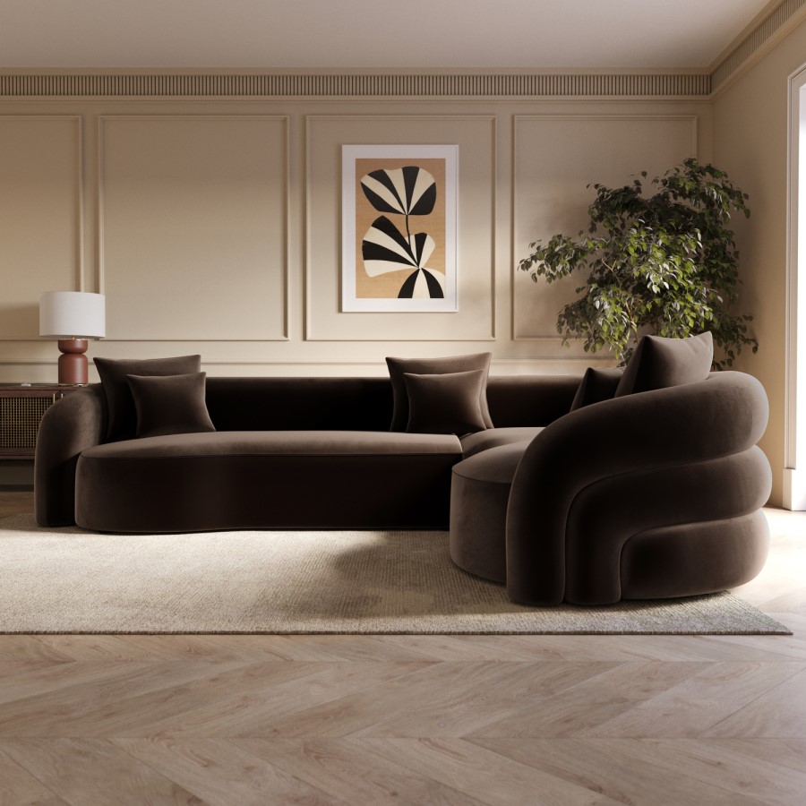 Brown Velvet Right Hand Facing 4 Seater Curved Corner Sofa - Zuri