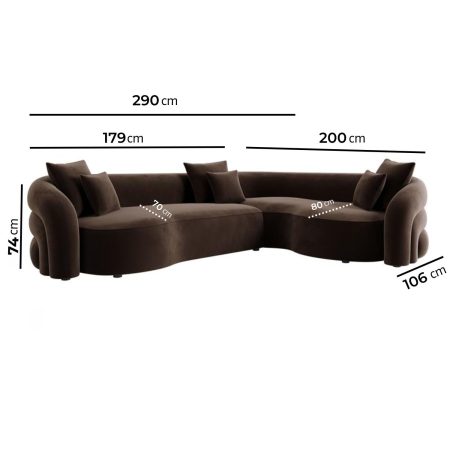 Brown Velvet Right Hand Facing 4 Seater Curved Corner Sofa - Zuri