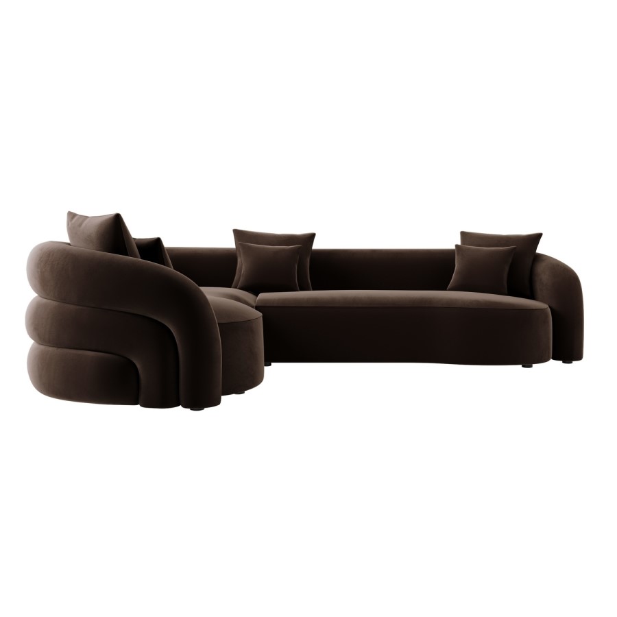 Brown Velvet Right Hand Facing 4 Seater Curved Corner Sofa - Zuri