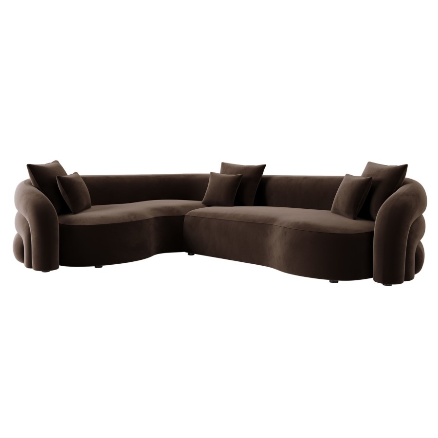 Brown Velvet Right Hand Facing 4 Seater Curved Corner Sofa - Zuri