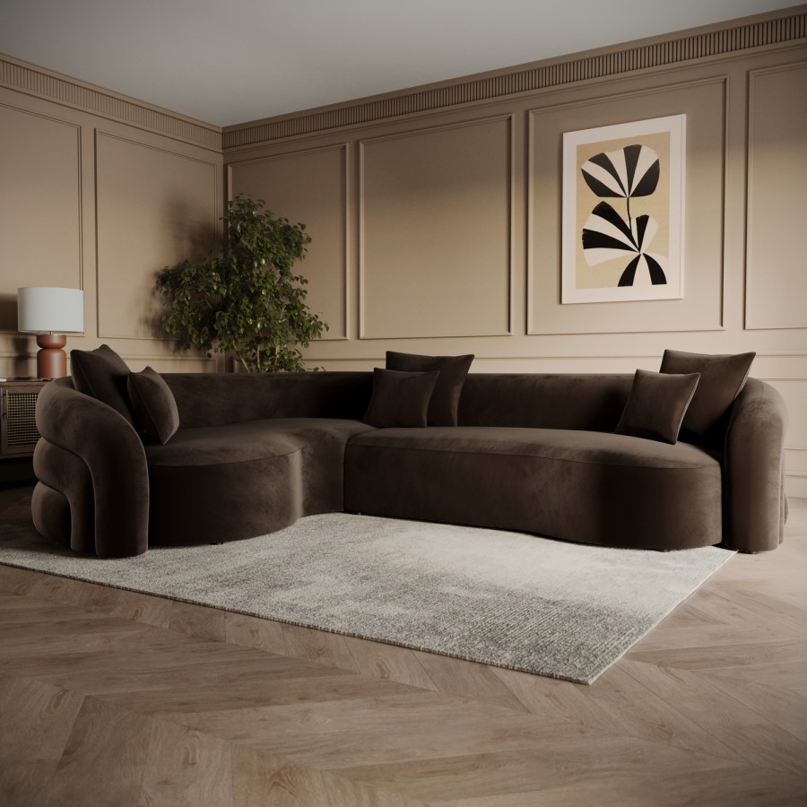 Brown Velvet Left Hand Facing 4 Seater Curved Corner Sofa - Zuri