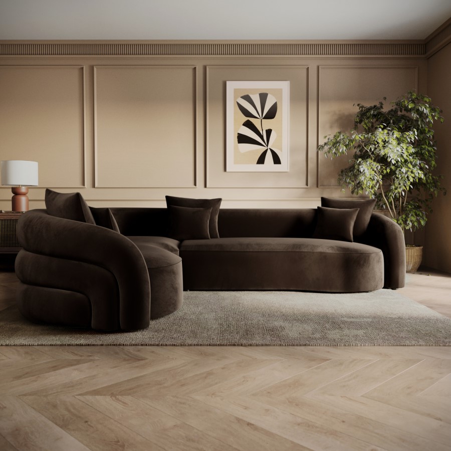 Brown Velvet Left Hand Facing 4 Seater Curved Corner Sofa - Zuri