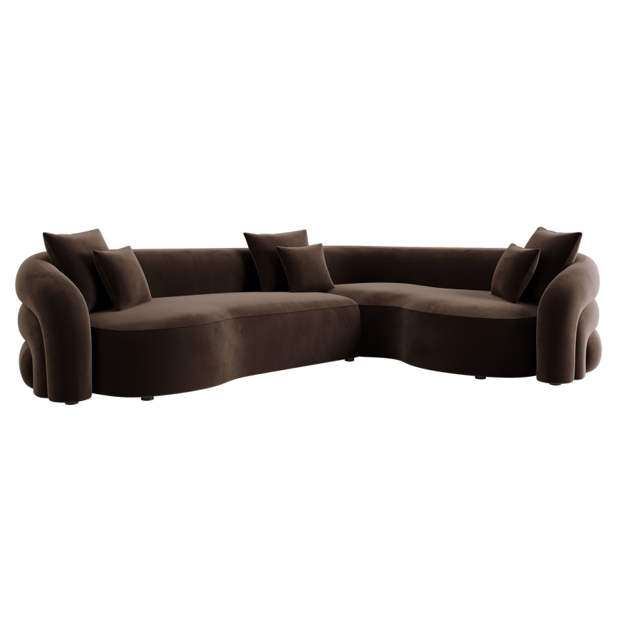 Brown Velvet Left Hand Facing 4 Seater Curved Corner Sofa - Zuri