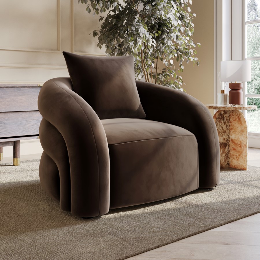 Brown Velvet Armchair with Cushion - Zuri