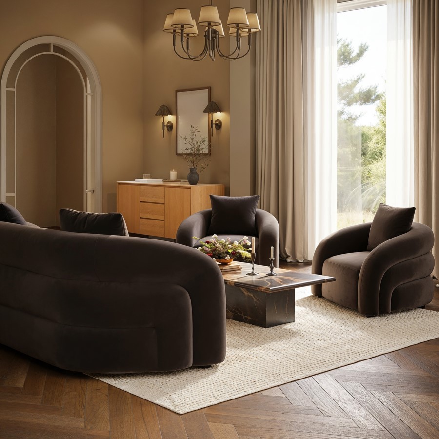 Brown Velvet Modern Curved 3 Seater Sofa - Zuri 