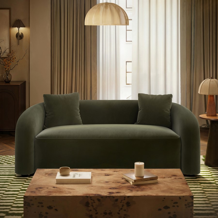 Green Velvet Modern Curved 3 Seater Sofa - Zuri 