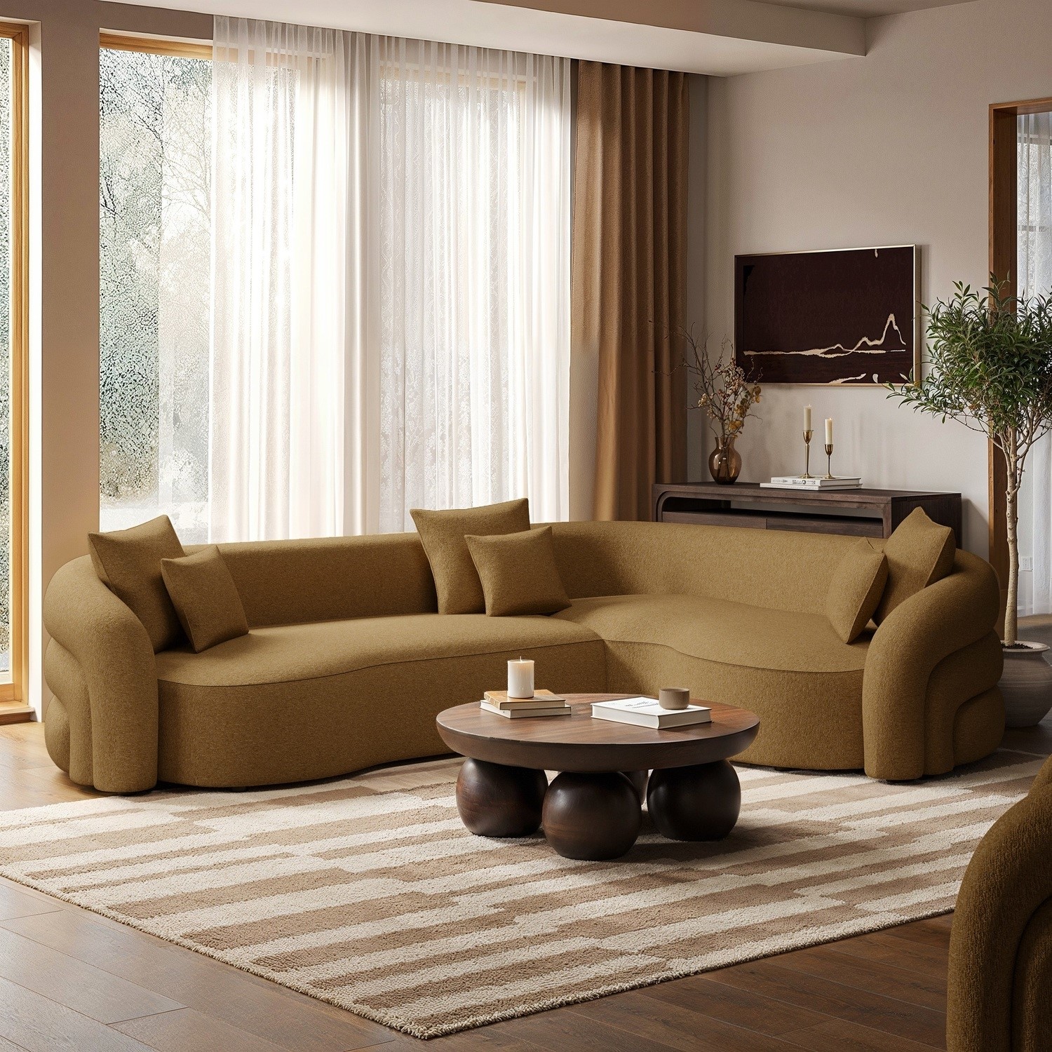 Zuri Brown Caramel Chenille Right Hand Facing 4 Seater Curved Corner Sofa