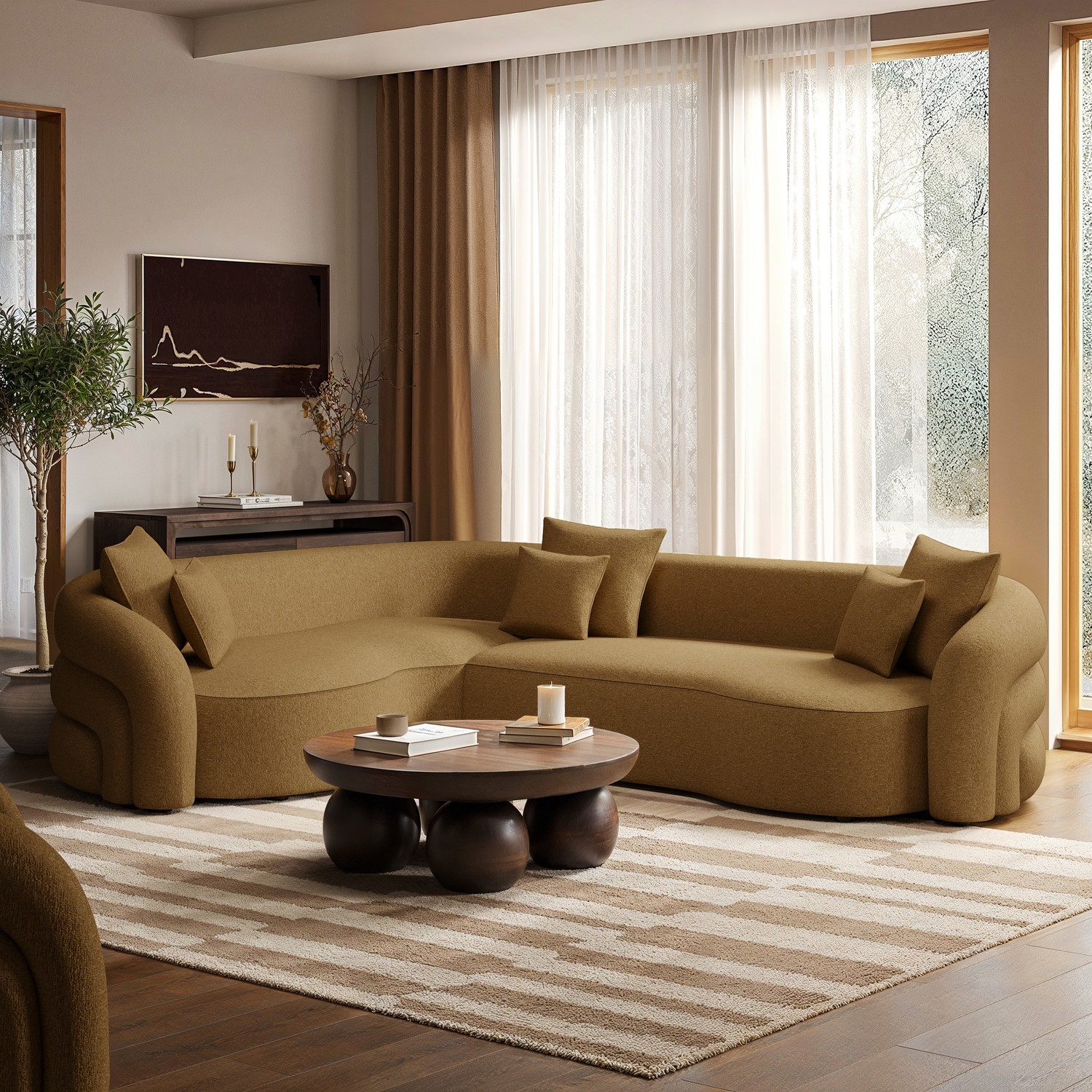 Caramel Chenille Left Hand Facing 4 Seater Curved Corner Sofa