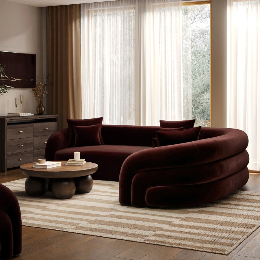 Deep Red Velvet Right Hand Facing 4 Seater Curved Corner Sofa - Zuri 