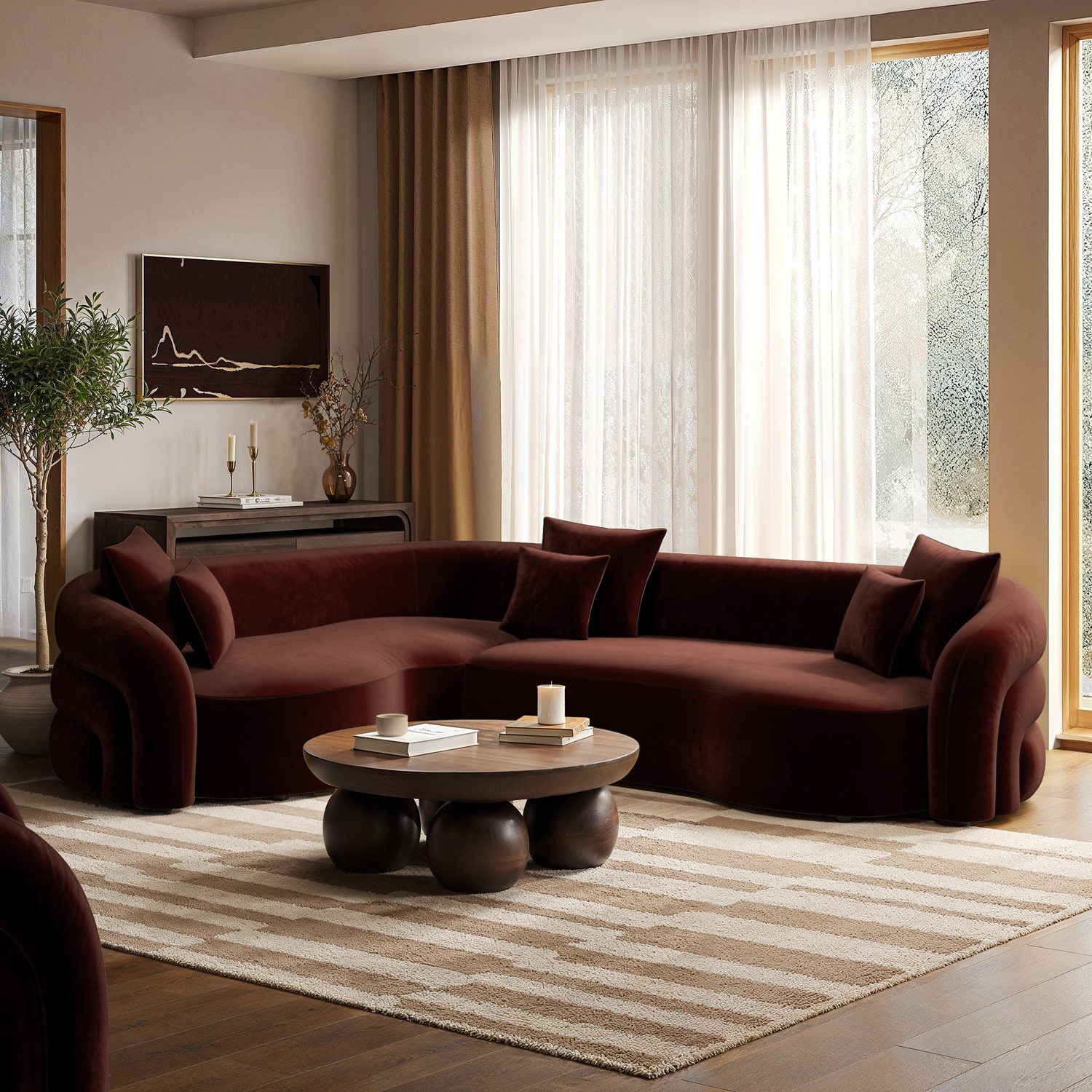 Zuri Red Deep Velvet Left Hand Facing 4 Seater Curved Corner Sofa