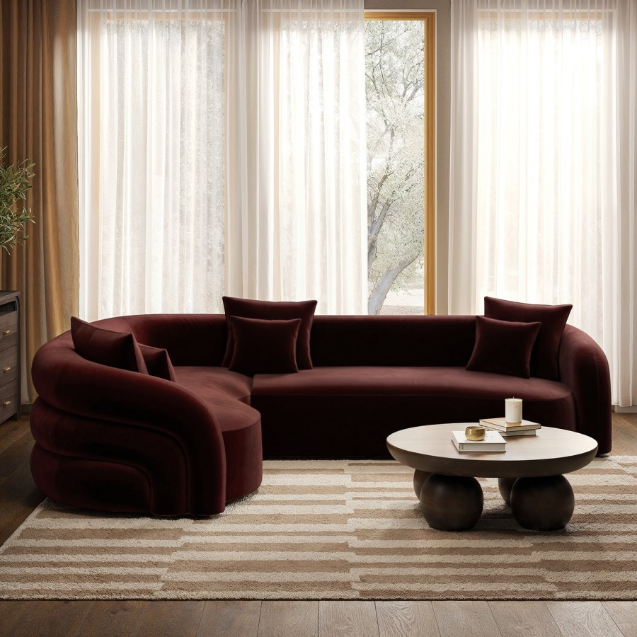 Deep Red Velvet Left Hand Facing 4 Seater Curved Corner Sofa - Zuri 