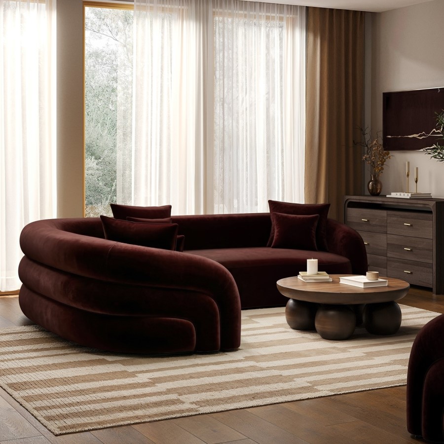 Deep Red Velvet Left Hand Facing 4 Seater Curved Corner Sofa - Zuri 