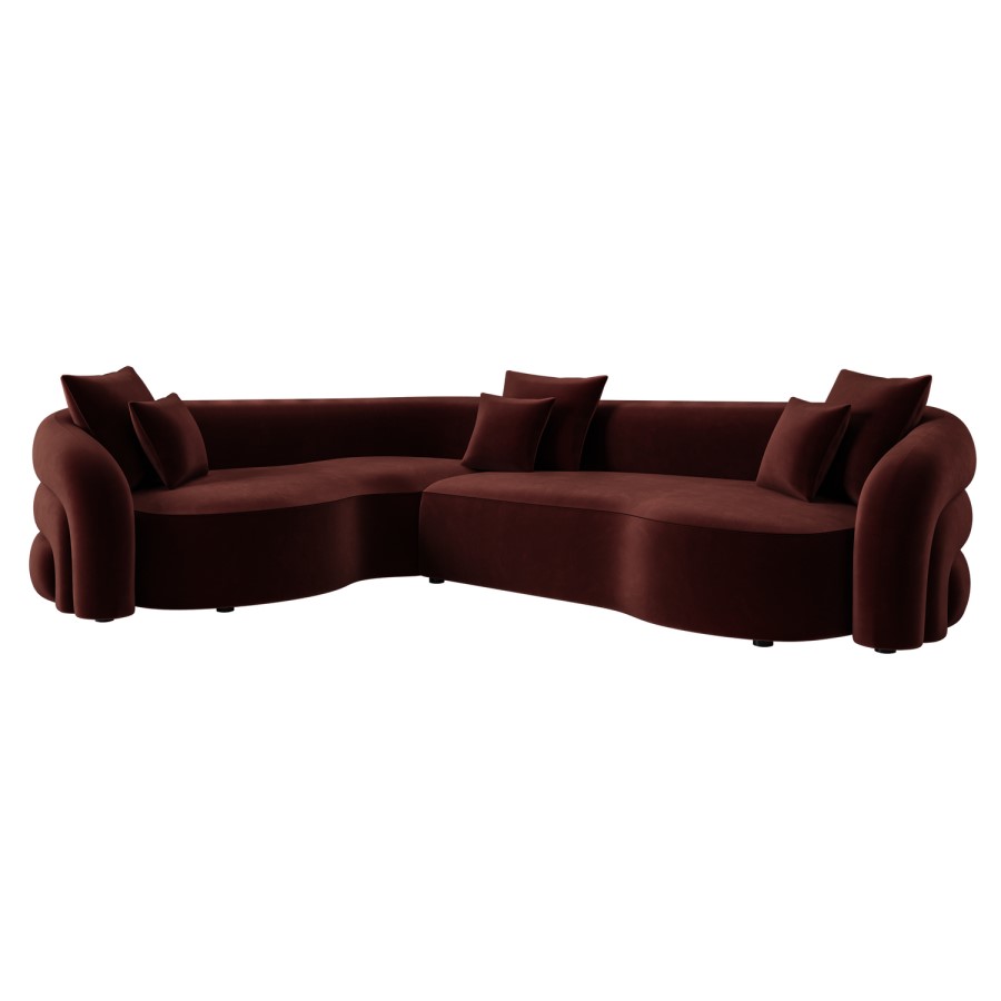 Deep Red Velvet Left Hand Facing 4 Seater Curved Corner Sofa - Zuri 