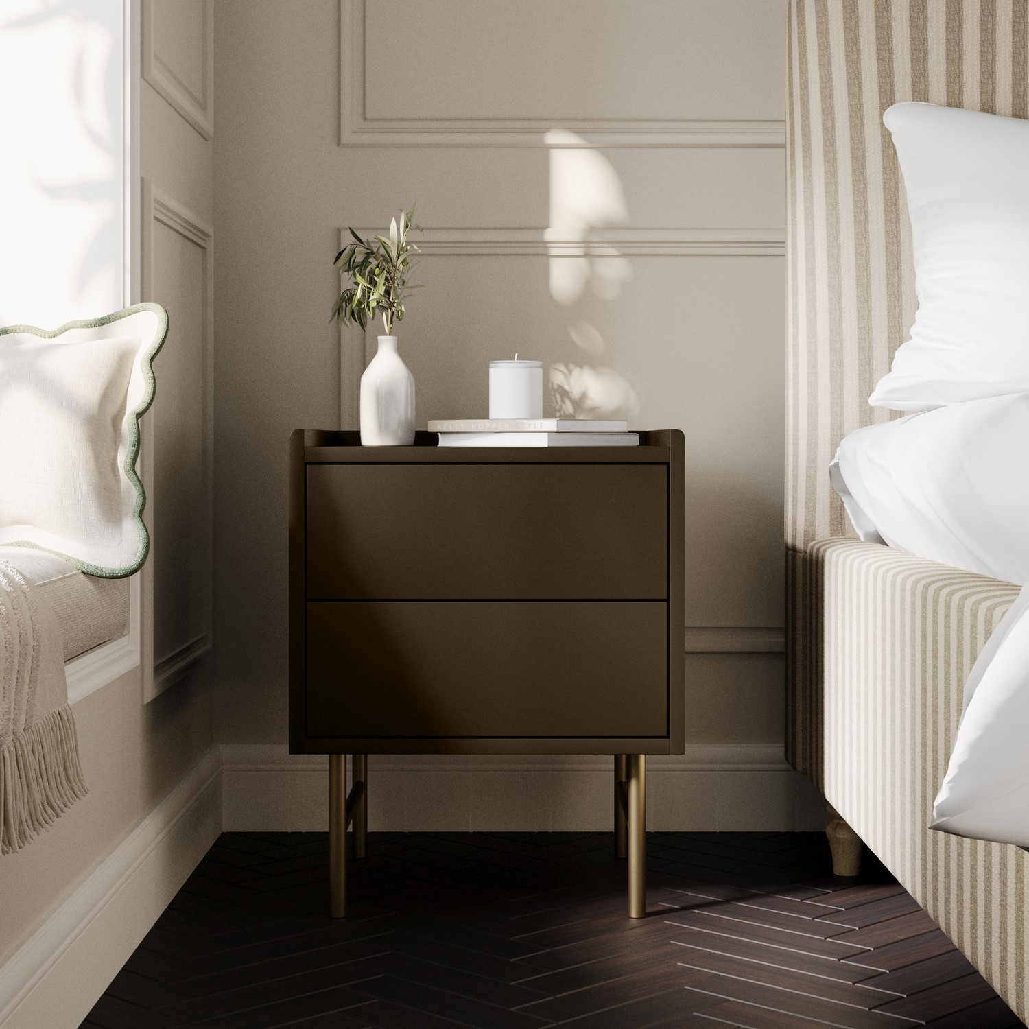 Khaki Green 2 Drawer Modern Bedside Table