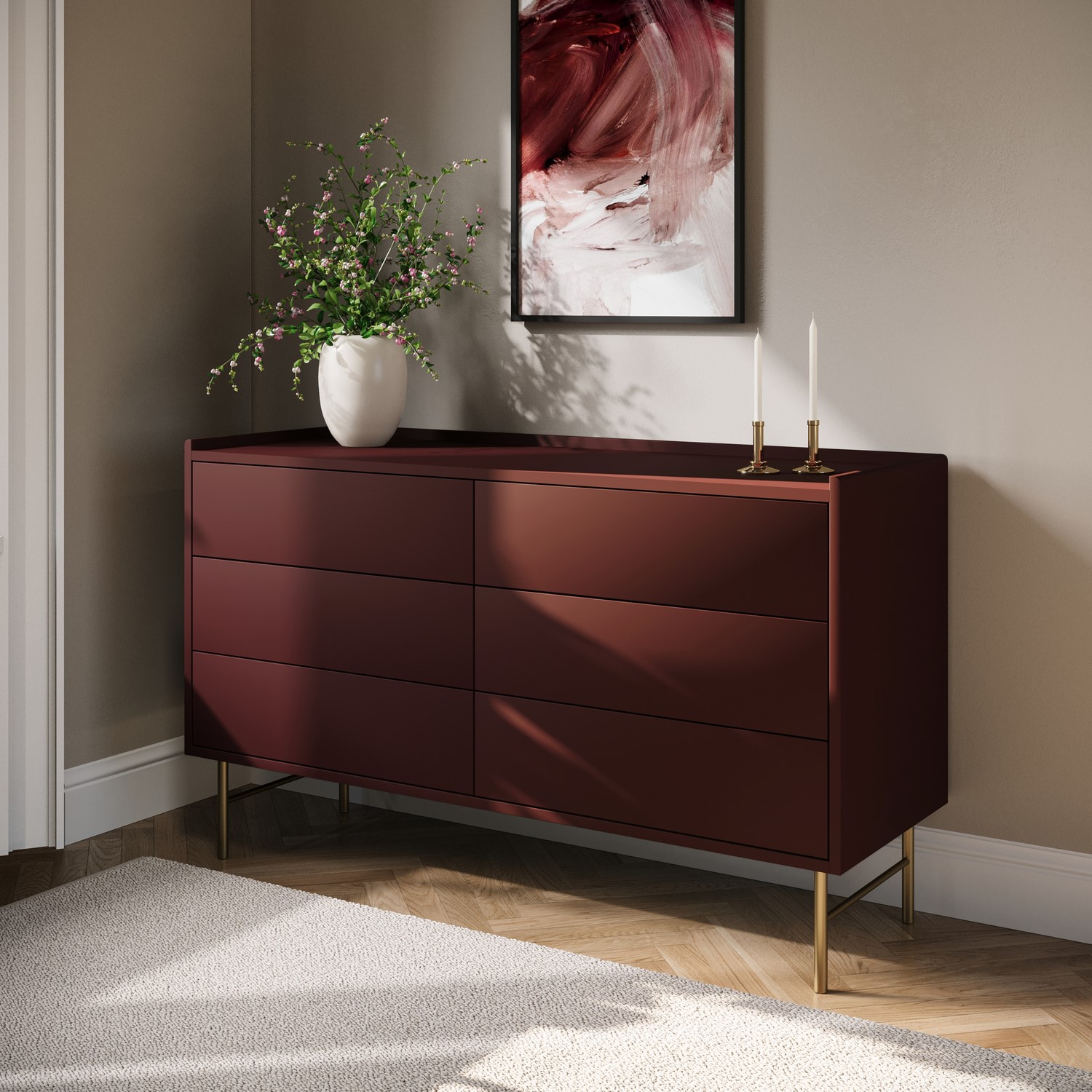 Wide Burgundy Modern Chest of 6 Drawers - Zane - Furniture123 Wide Burgundy Modern Chest of 6 Drawers - Zane - Furniture123