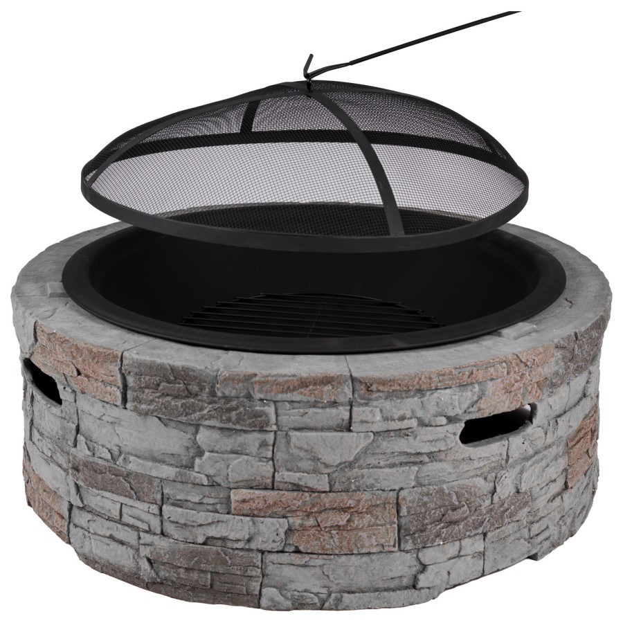 electriQ Cast Stone Round Base Wood Burning Garden Fire Pit - Grey