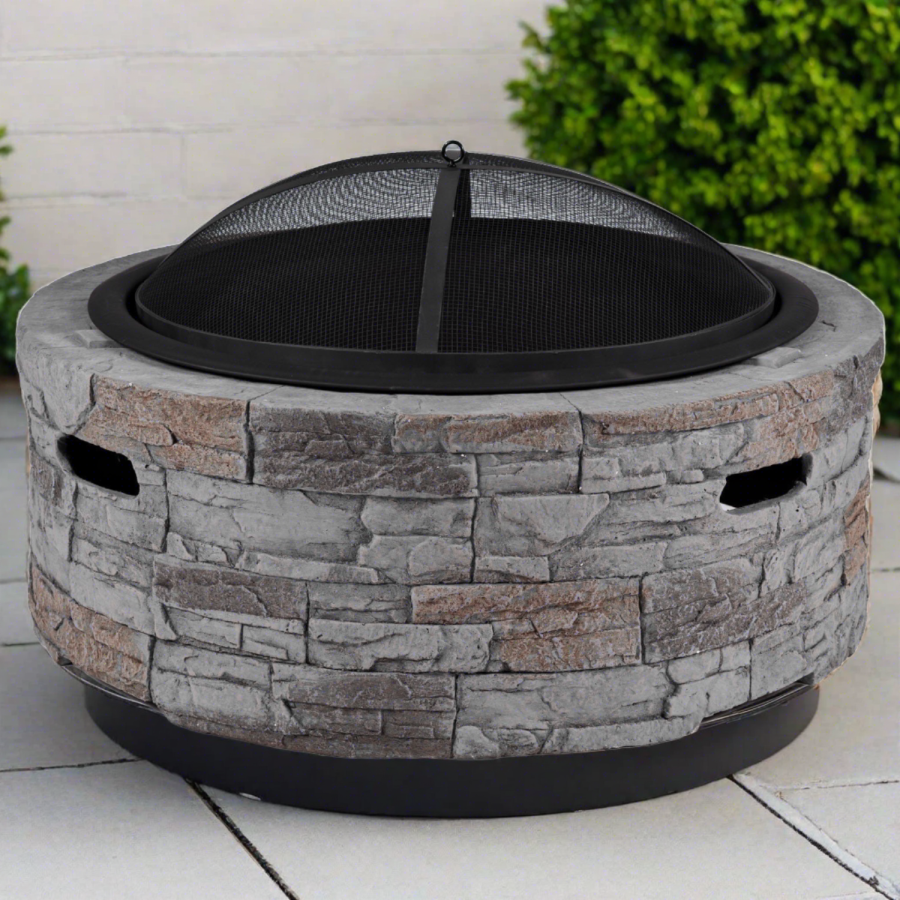 electriQ Cast Stone Round Base Wood Burning Garden Fire Pit - Grey