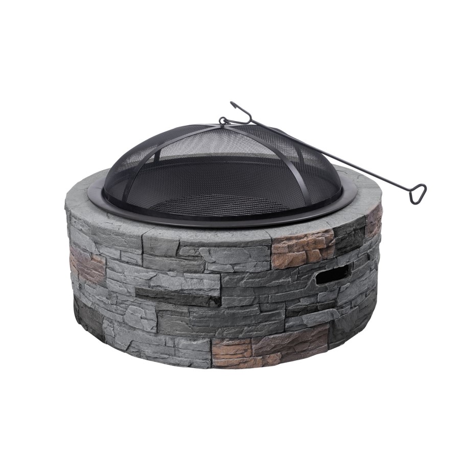electriQ Cast Stone Round Base Wood Burning Garden Fire Pit - Grey