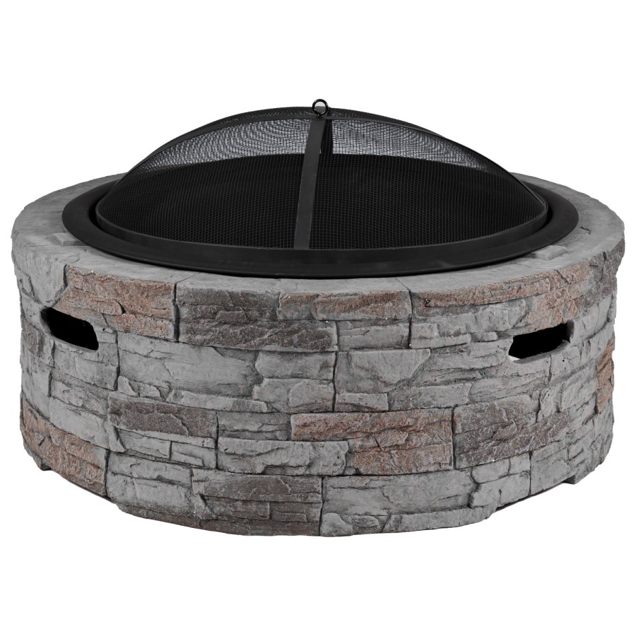 electriQ Cast Stone Round Base Wood Burning Garden Fire Pit - Grey