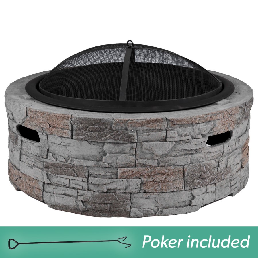electriQ Cast Stone Round Base Wood Burning Garden Fire Pit - Grey
