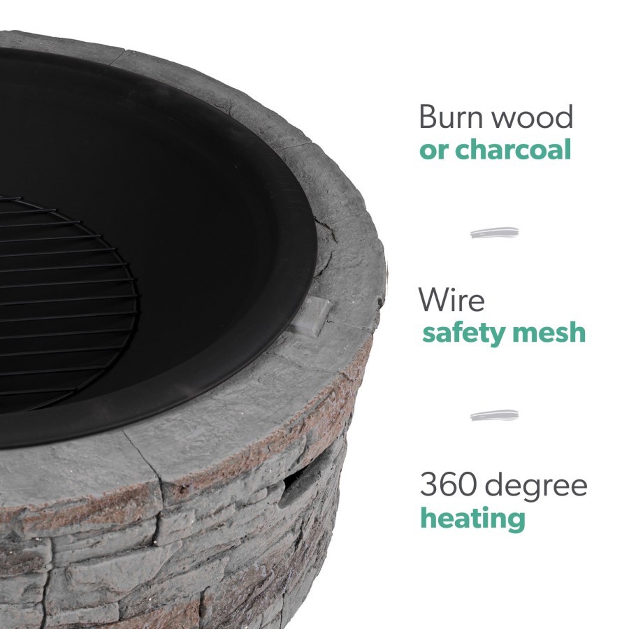 electriQ Cast Stone Round Base Wood Burning Garden Fire Pit - Grey