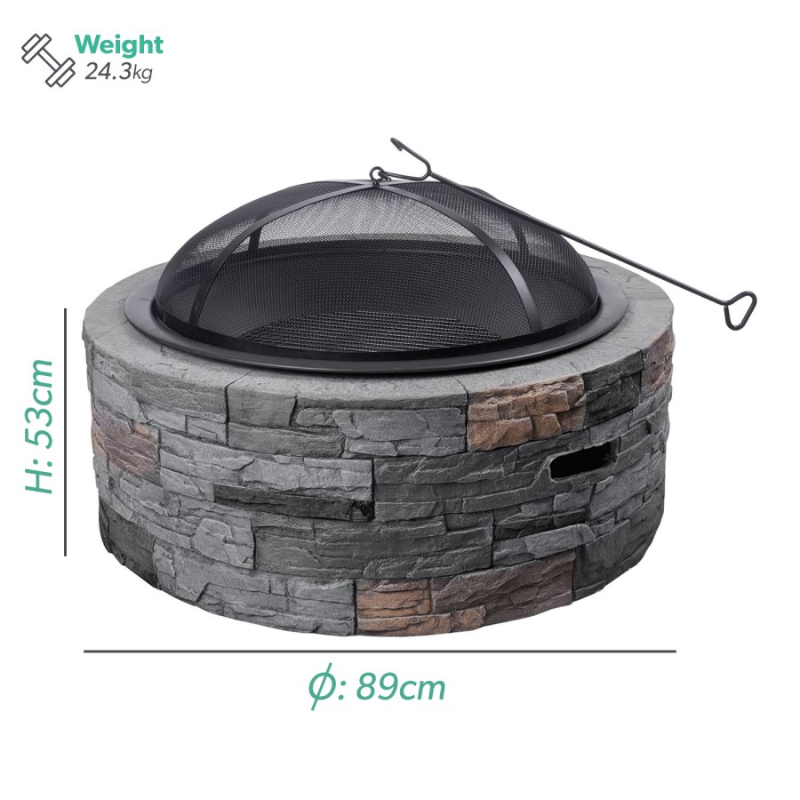 electriQ Cast Stone Round Base Wood Burning Garden Fire Pit - Grey