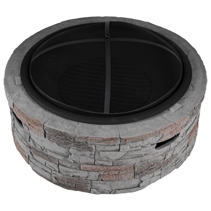 electriQ Cast Stone Round Base Wood Burning Garden Fire Pit - Grey