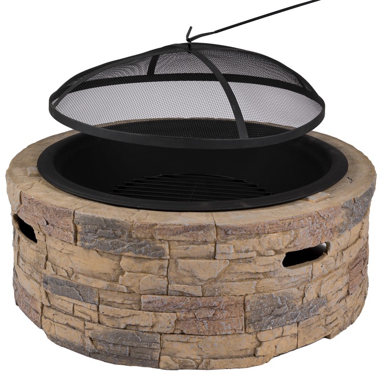 electriQ Cast Stone Round Base Wood Burning Garden Fire Pit - Brown