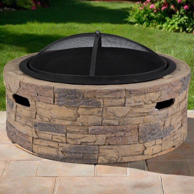 electriQ Cast Stone Round Base Wood Burning Garden Fire Pit - Brown