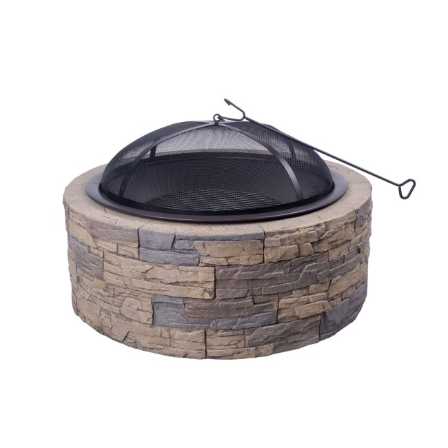 electriQ Cast Stone Round Base Wood Burning Garden Fire Pit - Brown