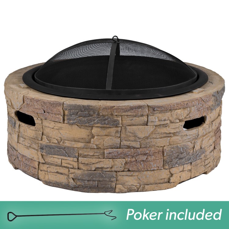 electriQ Cast Stone Round Base Wood Burning Garden Fire Pit - Brown