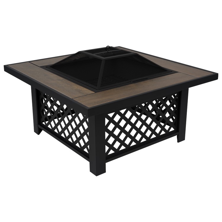 electriQ Square Wood Burning Fire Pit with Tiled Rim