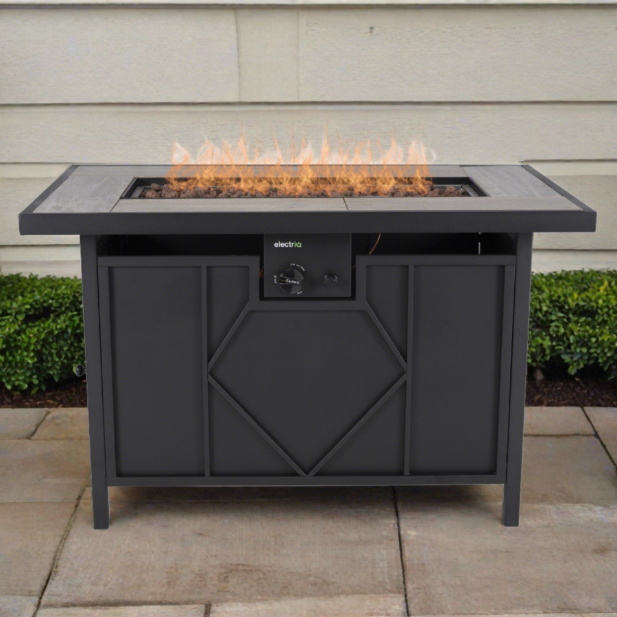 electriQ Gas Flame Outdoor Fire Pit Table - Rectangular with Grey Tiles