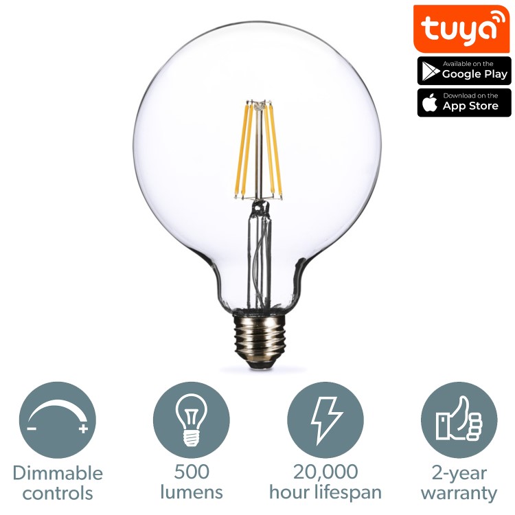 electriQ Dimmable Smart Wifi Large Filament Globe Bulb E27 screw Base - Clear finish - Alexa & Google Home compatible