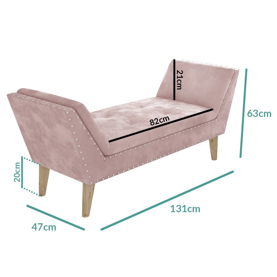 Safina Velvet Bench Seat with Stud Detailing in Baby Pink