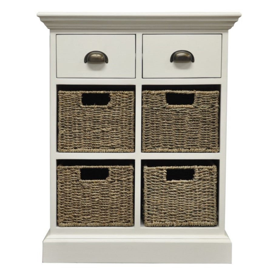 White Hallway Storage Chest with 2 Drawers 4 Wicker Baskets