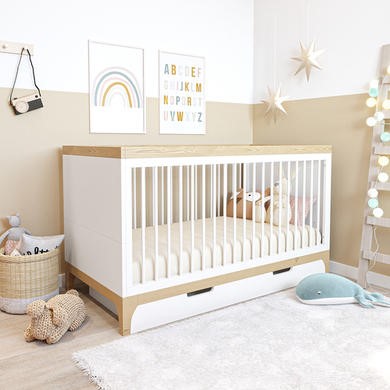 White and Wood Convertible Cot Bed with Drawer Storage and